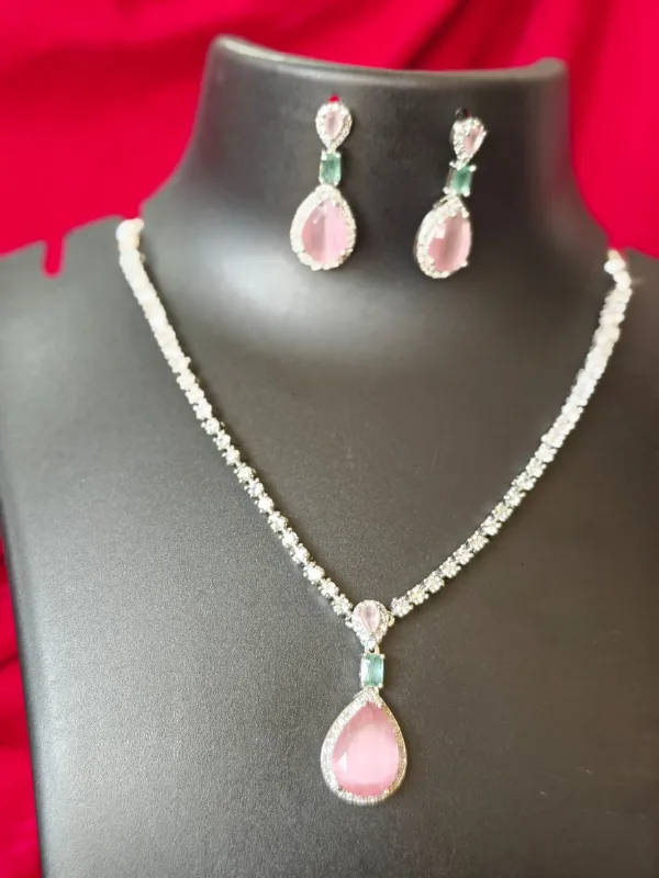 Silver-toned Rhinestone and Pink drop Necklace Sets