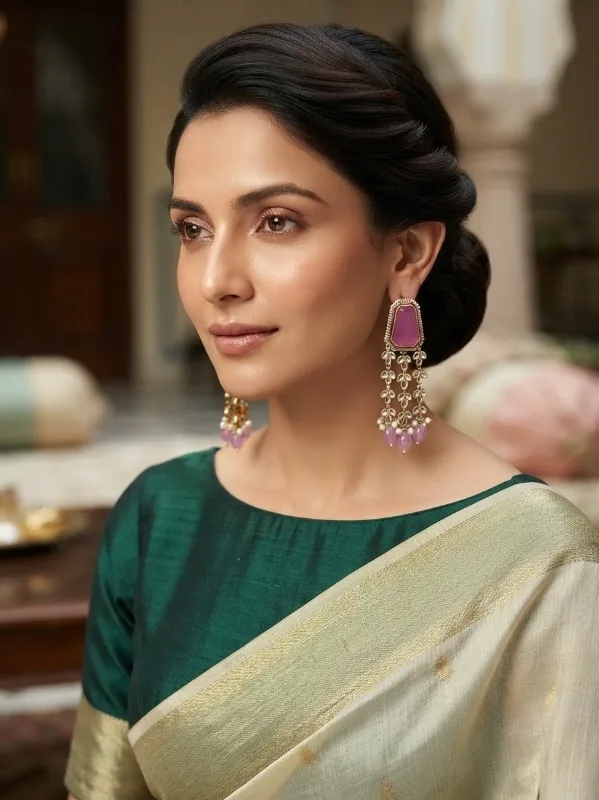 Kundan Purple Emerald-Cut Tassel Earrings