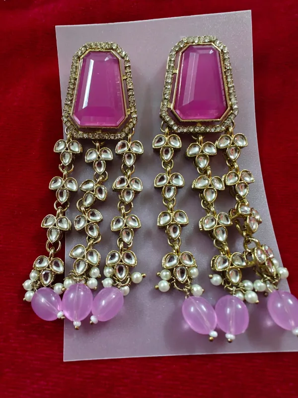 Kundan Purple Emerald-Cut Tassel Earrings