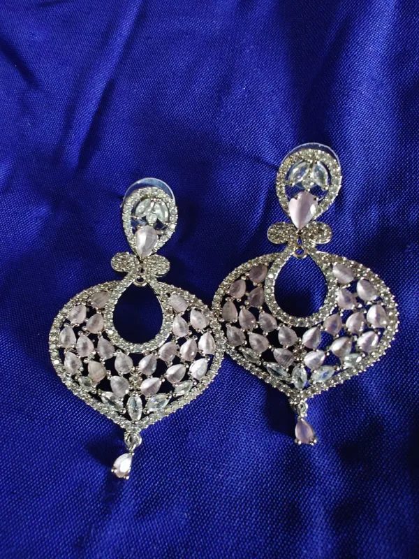 Silver Rose Pink AD Chandbali Earrings