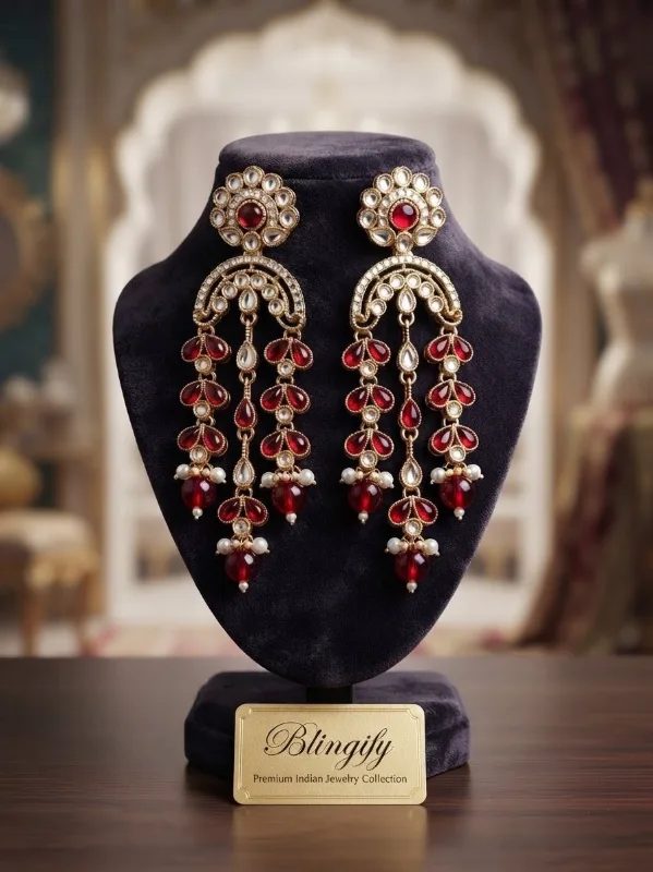 Long Floral Drop Earrings - Maroon Earrings